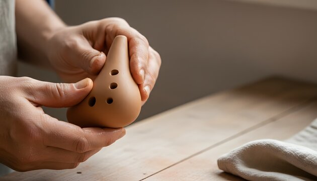 Close up of hands making a clay ocarina in a workshop studio for traditional craftsmanship concept with soft natural lighting and authentic rustic atmosphere