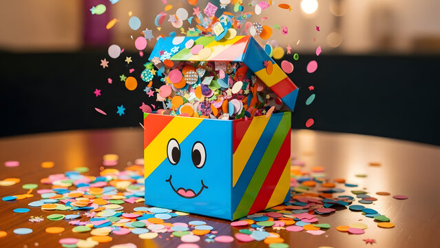 A vibrant rainbow colored box featuring a happy smiley face with colorful confetti exploding out