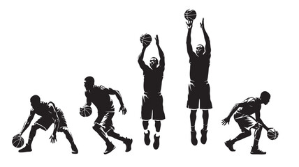 Basketball player silhouettes set showing dribbling, passing, shooting, and leaping poses in black on white © Harry 