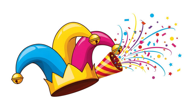 A colorful jester hat with bells and a party popper exploding with festive confetti and ribbons