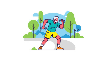 Obraz premium Illustration of an elderly man in vibrant workout attire exercising with dumbbells in a colorful park setting, surrounded by stylized trees under a bright sky