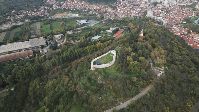Aerial drone footage of the historic Hisar fort on a hill above the town of Prokuplje, Serbia.