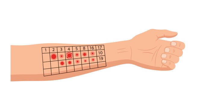Illustration of a forearm displaying an allergy skin test with a grid and red reactions, isolated on a white background