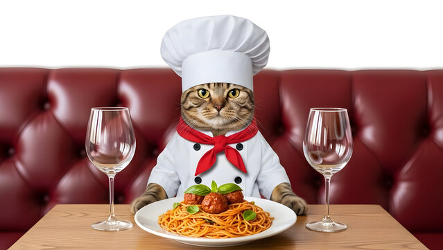 A cute cat dressed as a professional chef sitting at a table with a plate of fresh pasta meal