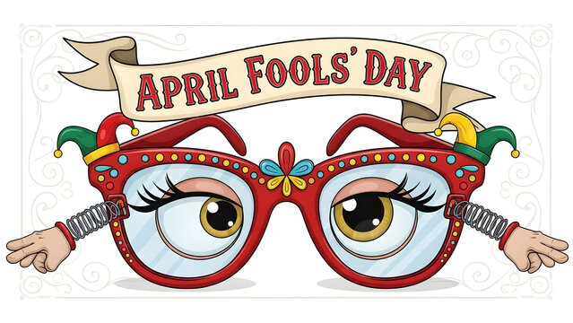 A festive illustration for april fools day featuring colorful glasses with googly eyes and hands
