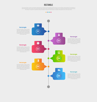 Rectangle base shape infographics gradient template diagram with vertical timeline with callout discussion box on opposite position with 6 point step creative