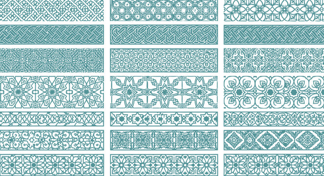 Elegant collection of seamless geometric borders featuring intricate traditional floral patterns suitable for decorative graphic design projects