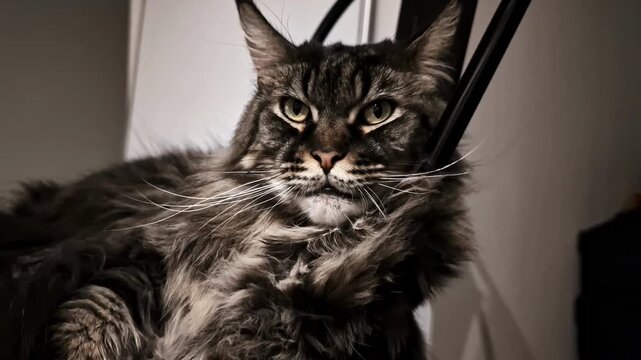 Portrait of a fluffy Maine Coon cat sitting on a bed; a beautiful example of the large feline breed in a domestic home in Latvia.