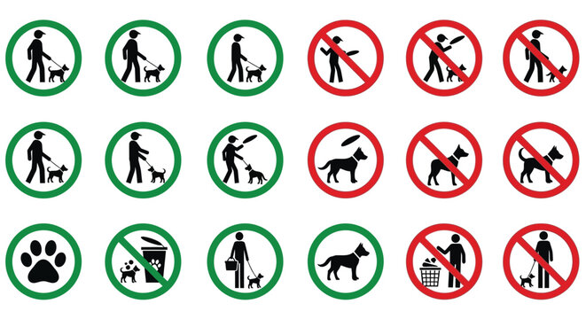 Collection of diverse graphic pictograms illustrating common rules and regulations for dogs and pet owners in public spaces.