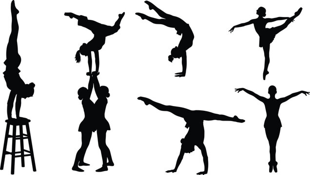 Set of Professional Ballet and Acrobatic Gymnastics Silhouettes Featuring Handstands and Elegant Dance Poses for Sports Performance and Artistic Design Projects