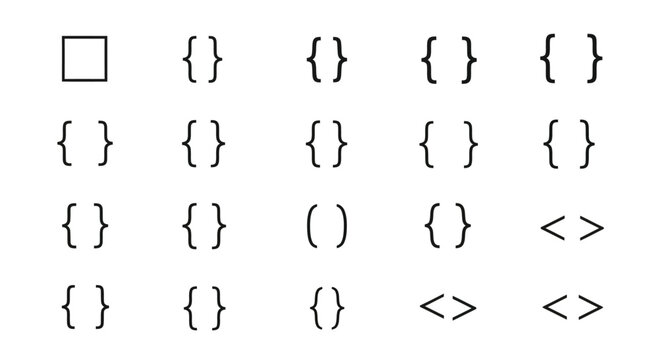 A collection of various typographical symbols including curly braces, parentheses, and angle brackets on a light background.