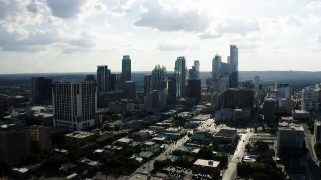 Drone shot pushing towards the downtown streets of Austin, Texas.