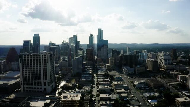 Aerial shot pulling away from downtown Austin, Texas.
