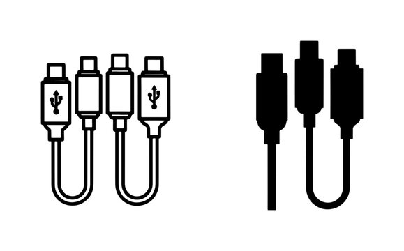 USB Type-C Cable Icon Set in Line and Silhouette Style