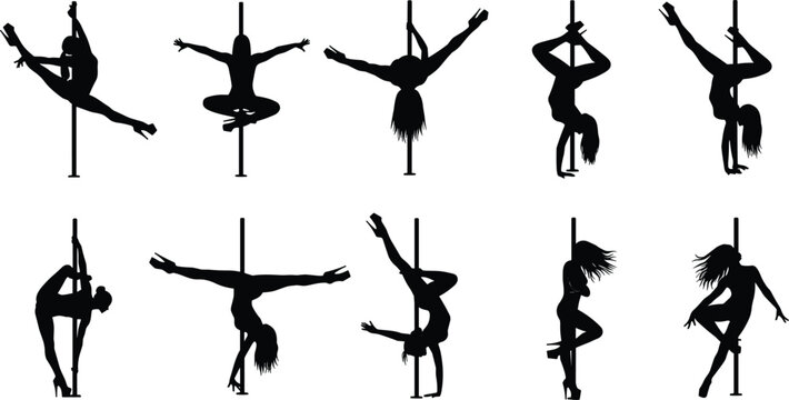 Set of Professional Pole Dancer Silhouettes Performing Athletic Acrobatics and Artistic Poses in High Heels for Fitness Gym and Dance Studio Graphic Designs