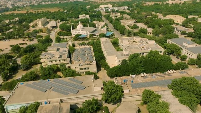 Panoramic aerial view of the NED University of Engineering and Technology campus, showcasing the modern academic infrastructure in Karachi, Pakistan.