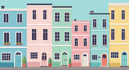 Naklejka premium A charming row of pastel-colored terraced houses with multiple windows and front doors.