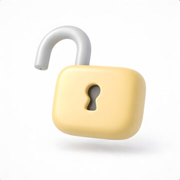 Modern 3D unlocked icon with an open padlock shape. Represents access granted, permission, open systems, and security status in applications and user interfaces.