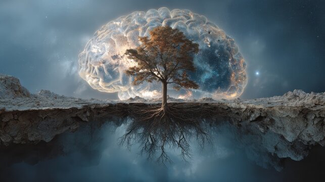 A solitary tree with visible roots stands on rocky ground, mirrored below, with a glowing human brain in the starry sky behind it.