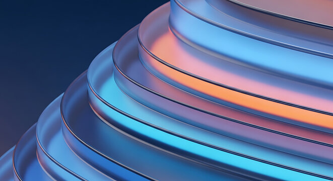 Abstract metallic spiral with blue and orange gradient lighting, smooth reflective surface, textured edges, close-up perspective, modern abstract background.