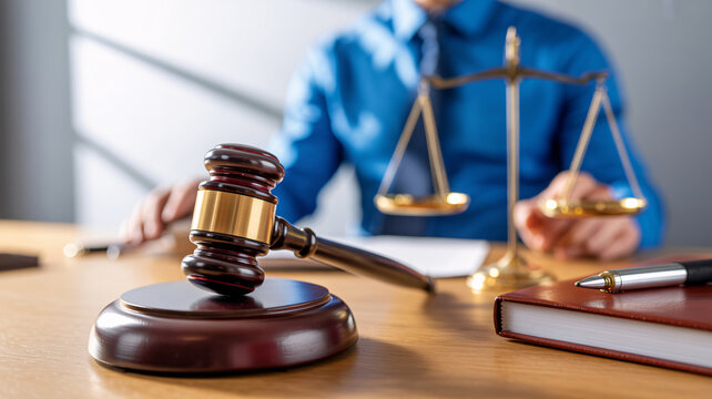 A lawyer's desk with a gavel, scale, and notebook, symbolizing justice and law.