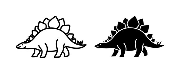 Stegosaurus Dinosaur Outline and Black Silhouette Icon Set © Mamun