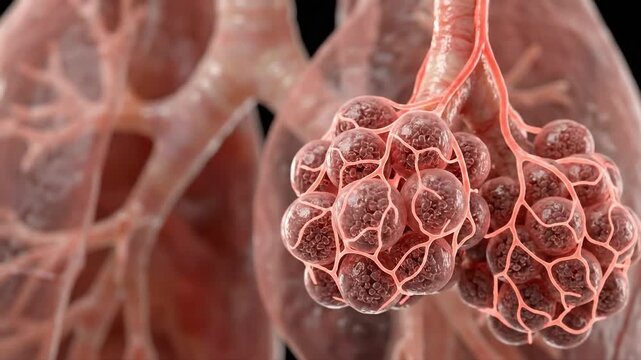 3d illustration of human lung alveoli and capillary network, suitable for medical research, respiratory education, anatomy study, and health science.