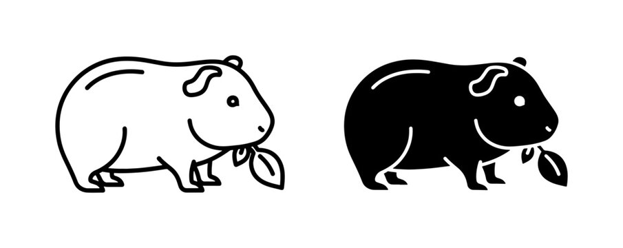 Guinea pig line and silhouette icons eating leaf