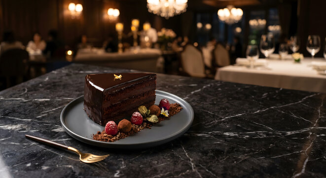Luxury chocolate ganache cake with gold leaf on dark marble surface