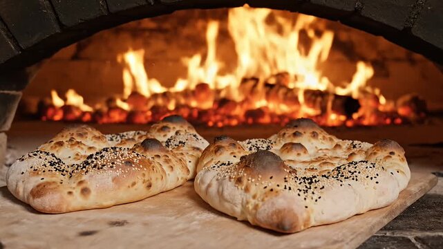 Freshly baked bread loaves on wooden paddle with fire background