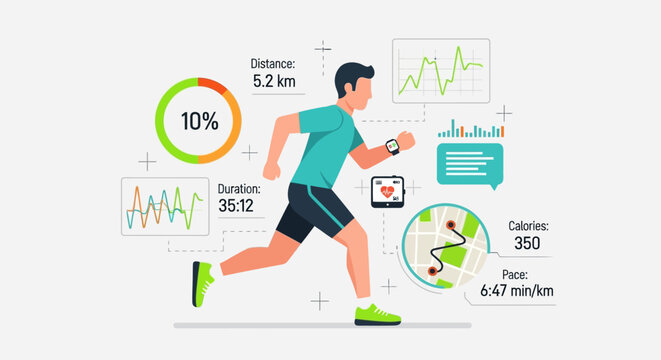 Flat vector of running activity tracking concept, runner with smartwatch, UI elements, fitness dashboard, clean tech style