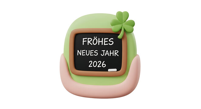 Festive 3d illustration of a cute green character holding a blackboard with 'Frohes Neues Jahr 2026' text and a lucky clover symbol, symbolizing new beginnings and good fortune