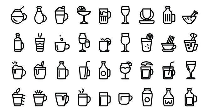 Diverse drink and glassware icons set in linear style for restaurant menus and mobile apps.