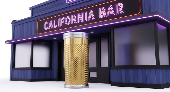 Golden pixelated beer glass in front of a retro bar facade with neon sign, nightlife and entertainment concept