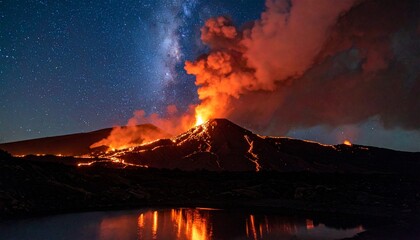 Fototapeta premium Volcano Nighttime Eruption Captured with Long Exposure Glowing Lava Plume