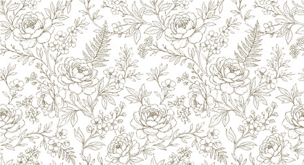Elegant floral pattern with delicate roses and leaves in a seamless design. © Kasasagi