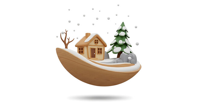 Floating isometric winter landscape with a cozy cabin, snow-covered pine tree, and falling snow, 3d rendering