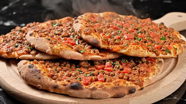 Close up of freshly baked flatbreads with seasoned ground meat topping