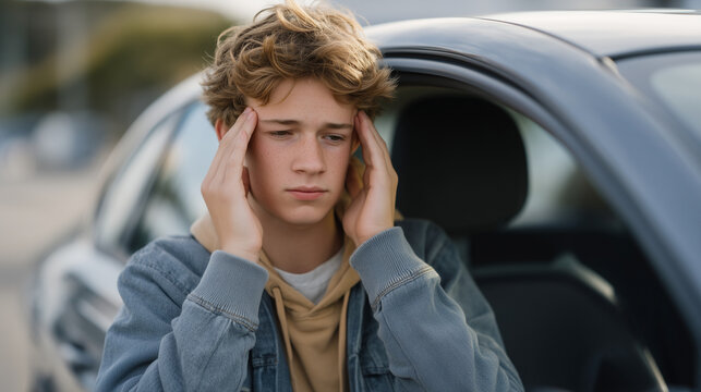 Teenage driver parallel parking on empty lot while father stands outside car pressing hands to temples, passenger seat empty, teen driving lesson stress, parent anxiety, suburban practice session, d