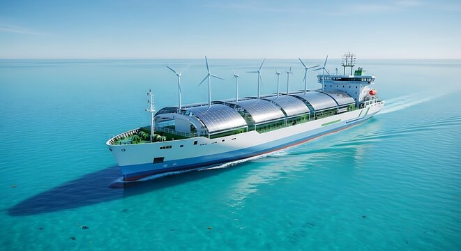Green cargo ship with wind turbines and solar panels sailing on the ocean, representing a sustainable future for maritime transport