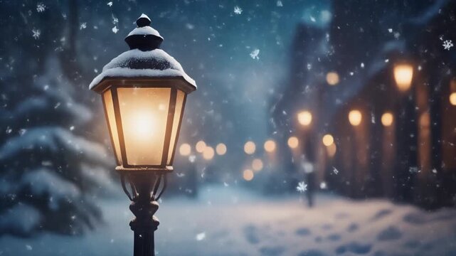 Glowing streetlamp on snowy evening, falling snowflakes, warmly lit lamps along street, buildings and snow-covered trees, calm winter atmosphere.