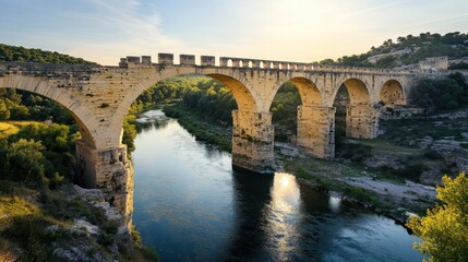 Fototapeta premium Exploring the grandeur of the pont du gard aqueduct nimes france historic landmark ancient roman engineering marvel a perspective on historical significance