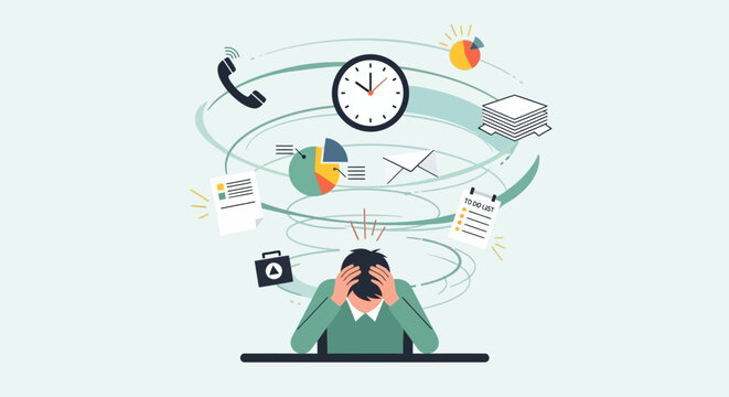 Man overwhelmed at work desk.