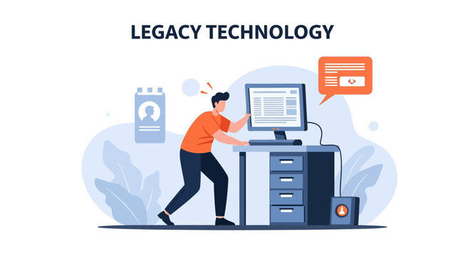 Man pushing old computer technology.