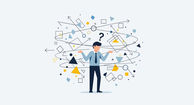 Man Surrounded by Confusion Symbols.