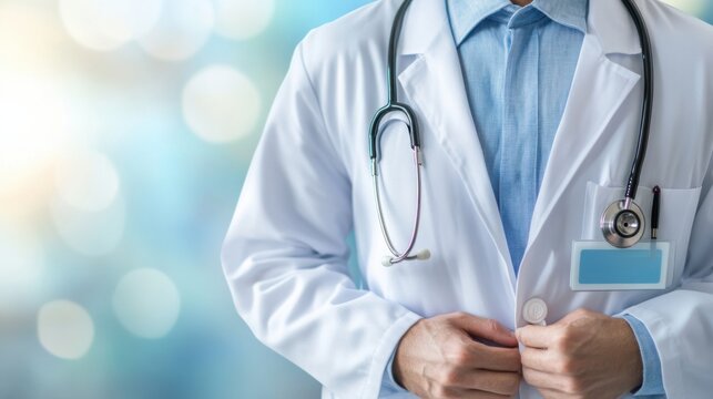 Close-up of doctor's chest area medical setting lab coat and stethoscope professional environment detailed view healthcare concept