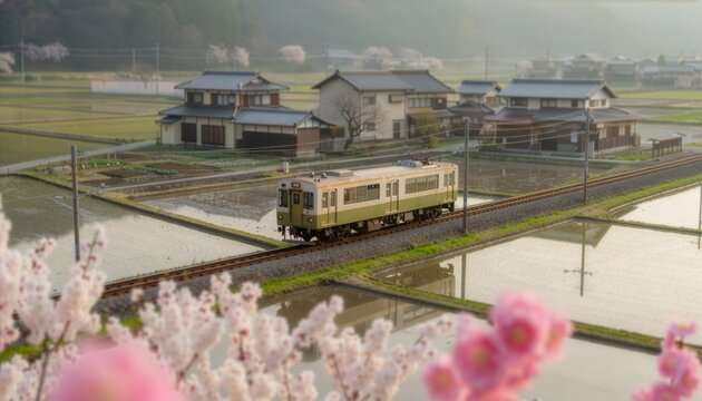 Spring rural Japan with flowers and local train, tilt shift miniature style