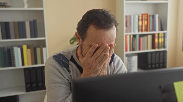 Middle age man at computer with hands covering face in a building office study, seated by bookshelves and monitor; worry.