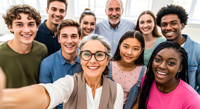 A group of people from different age groups and ethnicities smiling and taking a selfie together
