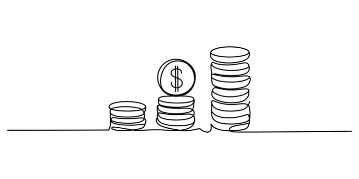 Continuous line drawing of increasing stacks of coins with a dollar sign on one stack. Vector, illustration